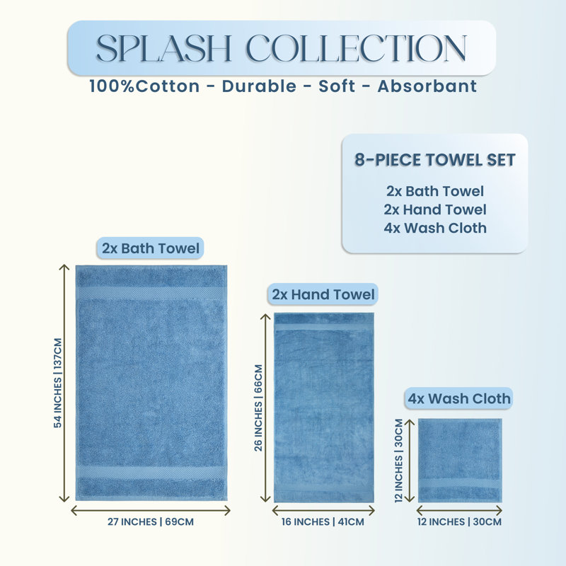 Ensemble de serviettes Splash 100% coton zéro torsion, serviettes de bain, essuie-mains et débarbouillettes, serviettes absorbantes douces 550 g / m² pour salle de bain, spa et usage quotidien, certifié OEKO-TEX, paquet de 8, bleu foncé