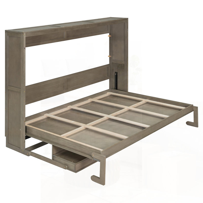 Grand lit escamotable mural avec rangement, armoire-lit pliable avec coiffeuse, miroir central et 2 tiroirs latéraux, gris