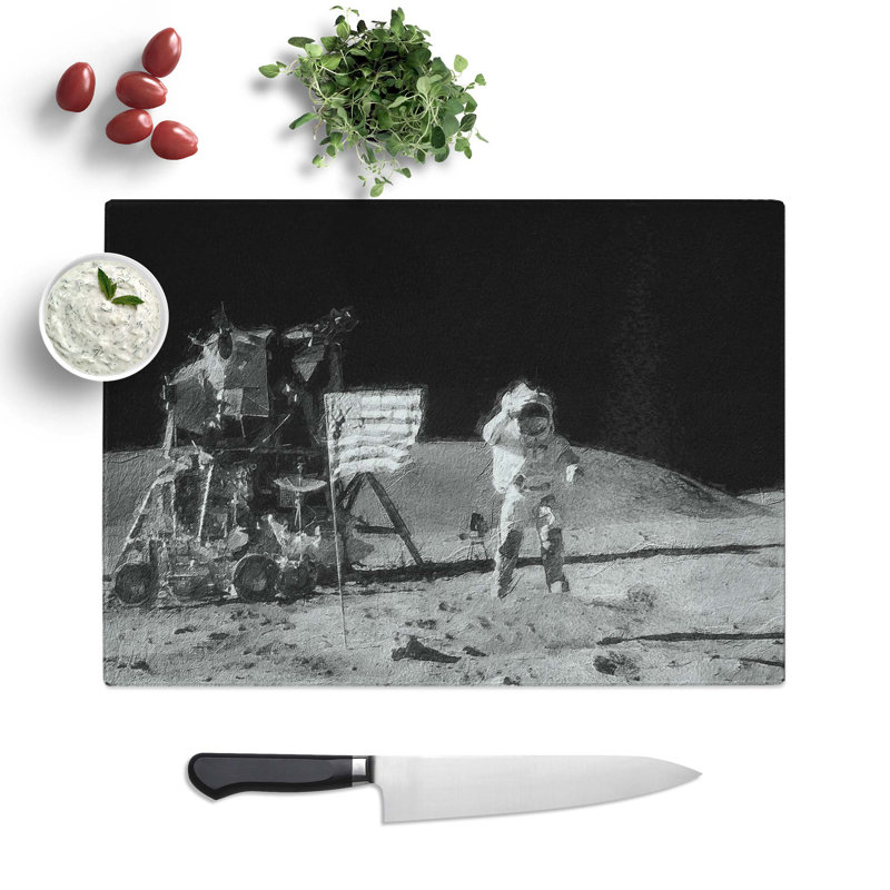 Tempered Glass Astronaut on the Moon Chopping Board, 39 cm W x 28.5 cm L