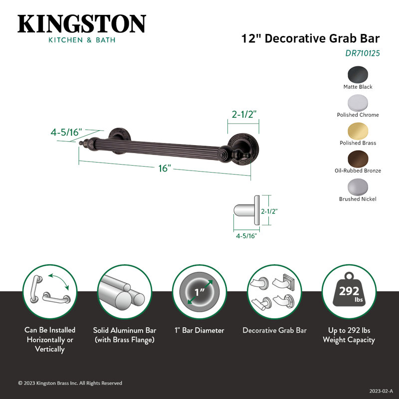 Kingston Brass Templeton 1-Inch O.D Grab Bar, 16" W, Matte Black