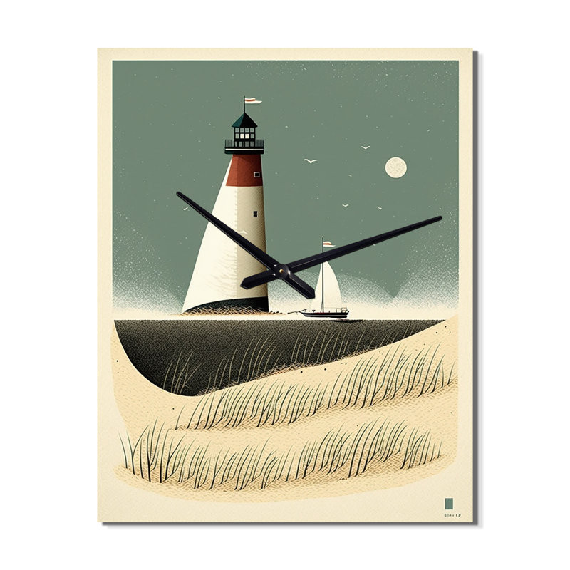 Phare illuminé à la pleine lune Illustration de plage rétro, Très grand