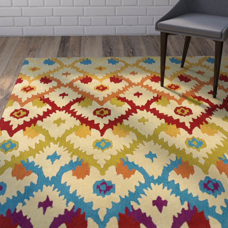 Tapis ivoire touffeté à la main Mehcad Ikat, Rectangle 8 pi x 10 pi