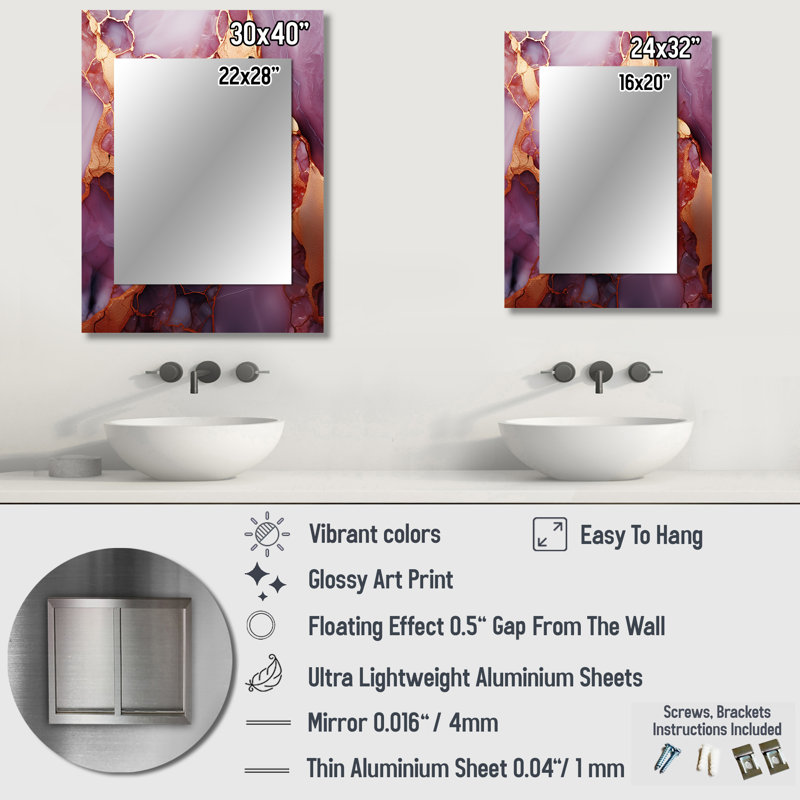Gold and Pink Marble Essence III - Marble Mirror, Modern Decorative Wall Mirror, Printed Metal Art, 40" x 30"