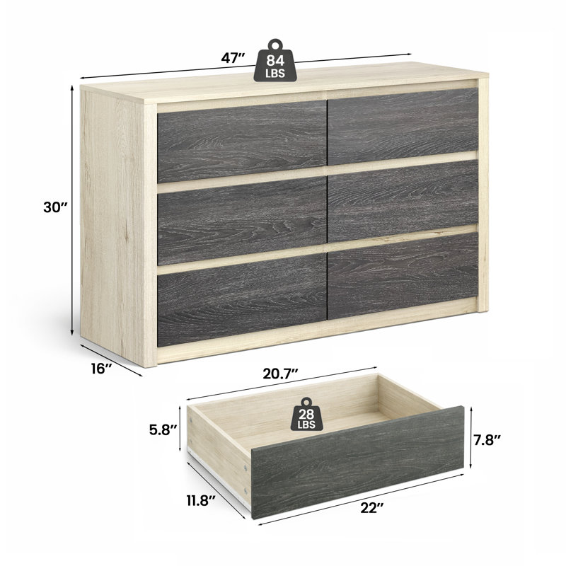 Farmhouse 6 Drawer Dresser for Bedroom, Rustic Two Tone Oak