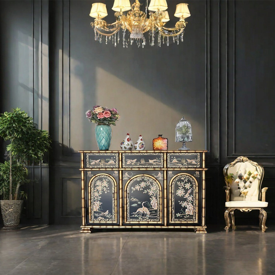 Ruthber Solutions Black and Gold Bamboo-Style Sideboard | Wayfair