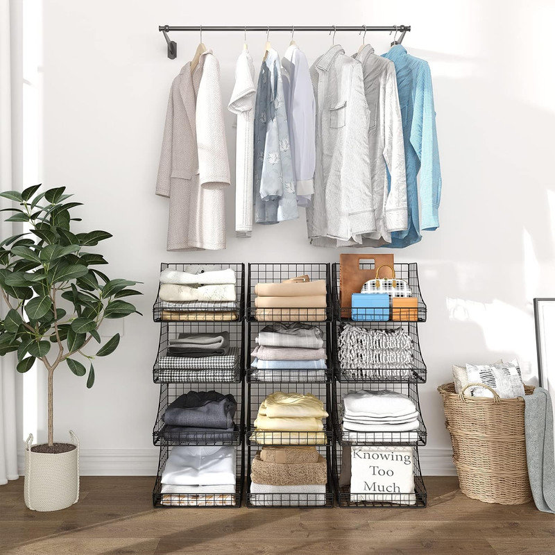 4-Pack Stackable Wire Baskets for Closet Organizers and Storage, Open Storage Bins for Clothes, Toys, and Snacks - Rustic Metal Closet Organizers and Storage Shelves in Black