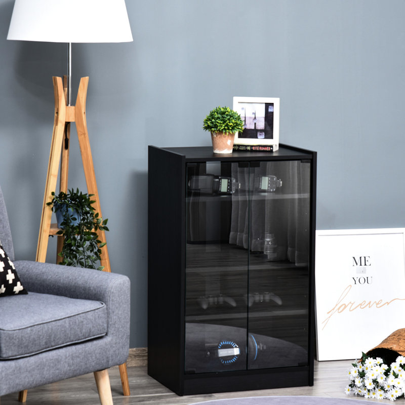 5 armoires console. Noir vieilli, portes en verre trempé, tablettes réglables. Peut accueillir un lecteur, un récepteur, une console de jeu, un ordinateur portable et des livres. Disposer les câbles avec des tablettes et des câbles