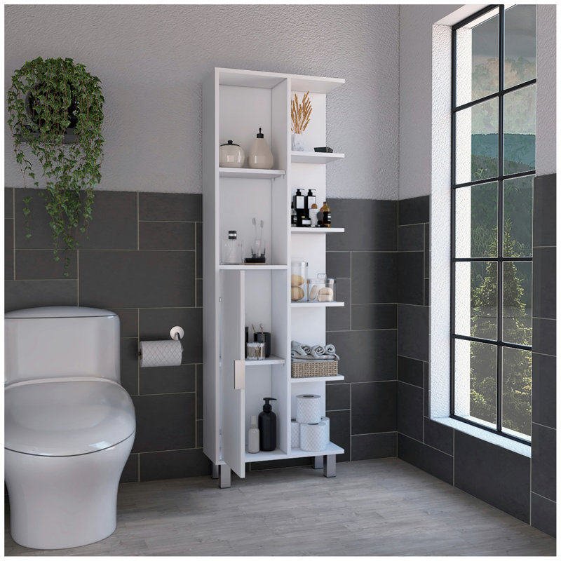 Armoire de rangement pour salle de bain en lin de 63 pouces de hauteur Crovie avec sept tablettes ouvertes