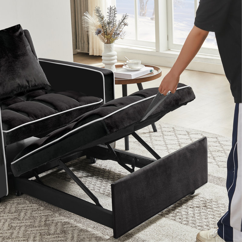 Fauteuil-lit ajustable à dossier réglable: pliant à trois, convertible, inclinable et lit simple. Chaise de lit moderne noire tendance: Threeone, pliable réglable, velours, adulte avec fonction