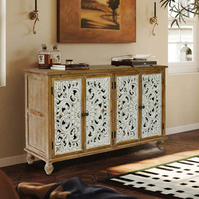 4 Door Accent Storage - Cabinet For Entryway. Painted Finish, Distressed, Stylish Chest With Doors Buffet Dining Room. Handmade, Beautiful And Functional