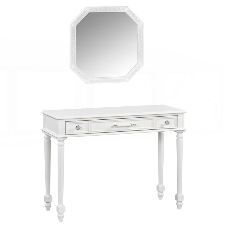 Bureau de maquillage rétro avec grand miroir octogonal, coiffeuse à 3 tiroirs pour le rangement des bijoux, console élégante pour diverses pièces
