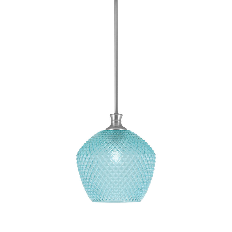 Luminaire suspendu Quapaw avec verre texturé turquoise, Laiton New Age, H 10,5 po x l 9 po x P 9 po