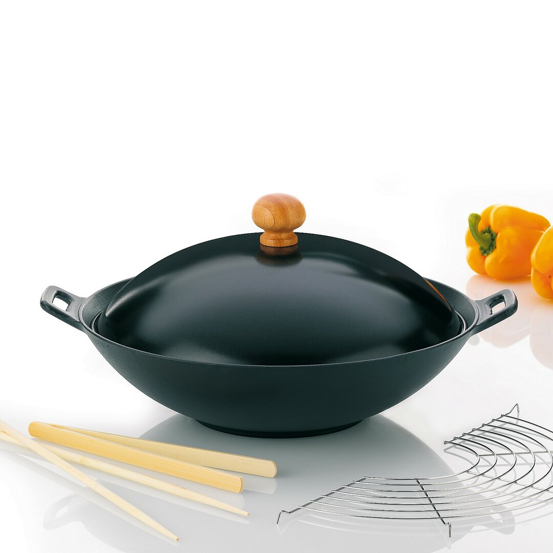 5-tlg. 36 cm Wok-Set Asia aus Gusseisen mit Deckel