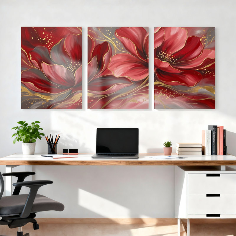 Ensemble de 3 tableaux abstraits floraux rouges sur toile tendue, pour la décoration du salon et de la chambre., 2436