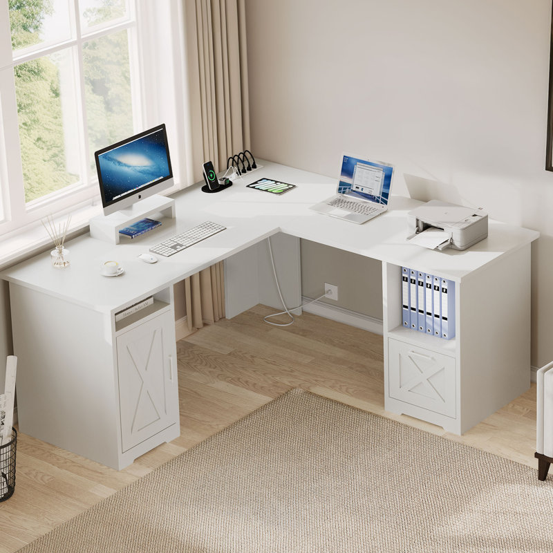 Draco 59" L Shaped Desk with Power Outlets &  File Drawer, White