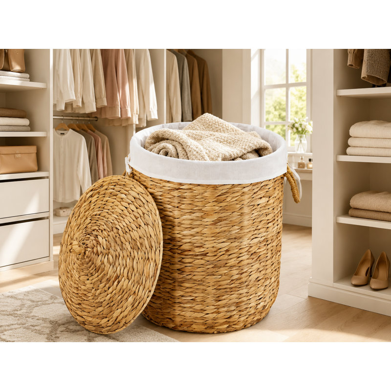 Panier à linge rond en osier avec couvercle et poignées avec doublure amovible, Naturel