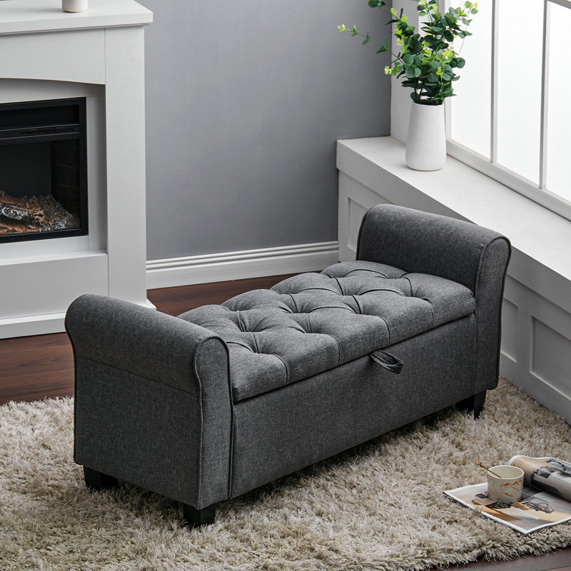 Elysian Linen Splayed Upholstered Armrest Storage Ottoman Bench Chaise, Dark Grey