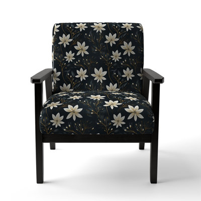 Black & Ivory Elegant Floral Pattern - Upholstered Farmhouse Arm Chair, White Accent Chair