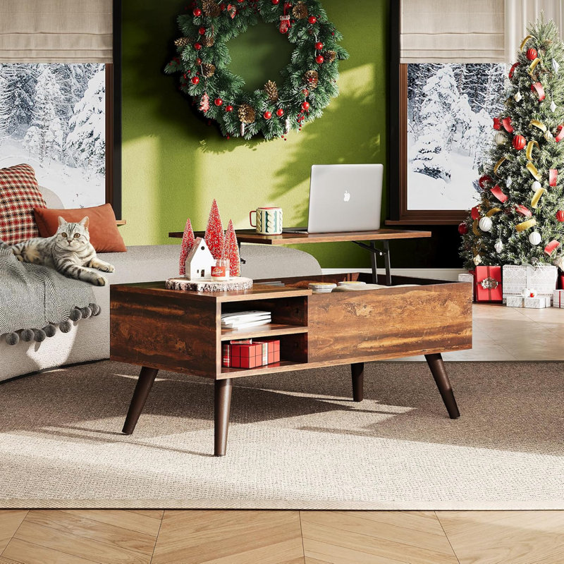 Table basse à plateau relevable en bois avec compartiment caché et tablette de rangement réglable