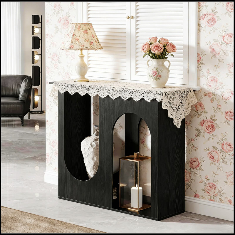 Élégante console étroite avec base à double arche, parfaite pour les salons modernes et peu encombrants.