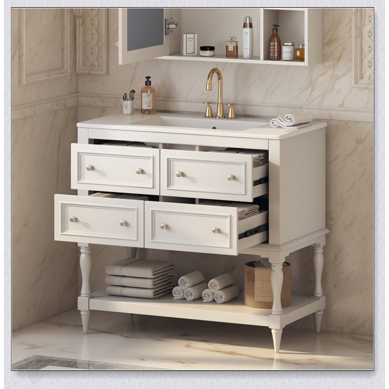 Armoire de meuble-lavabo 36 po avec lavabo sous-comptoir en céramique, 4 tiroirs, structure en bois massif pour salle de bain moderne