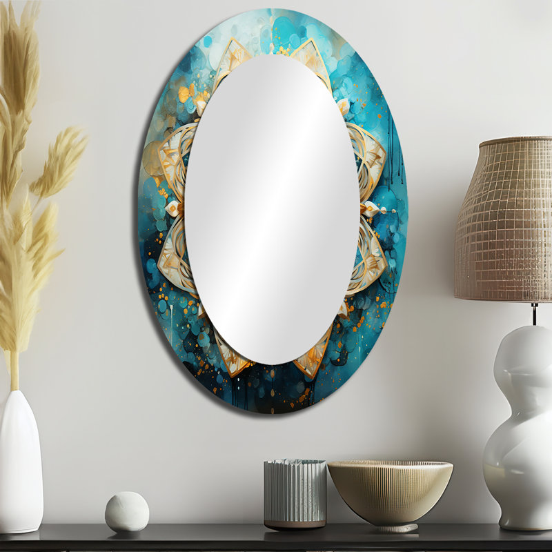 Mandala divin en or rétro et turquoise III - décor de miroir mural ovale doré, 36 po x 24 po
