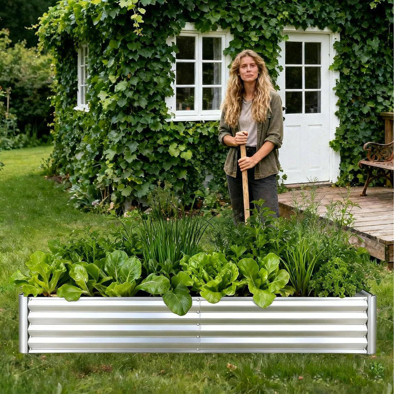  All-Weather Protection Raised Garden Bed - Galvanized Metal Planter Box with Clear Canopy, Large Screen Windows, Mini Greenhouse for Outdoor Vegetables and Flowers, Silver, 175x84x28cm