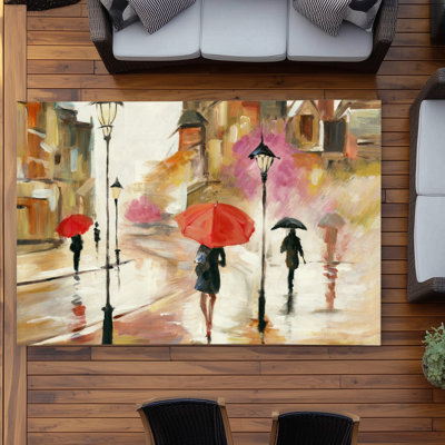 Passersby under their umbrellas - Romantic Cities outdoor rug