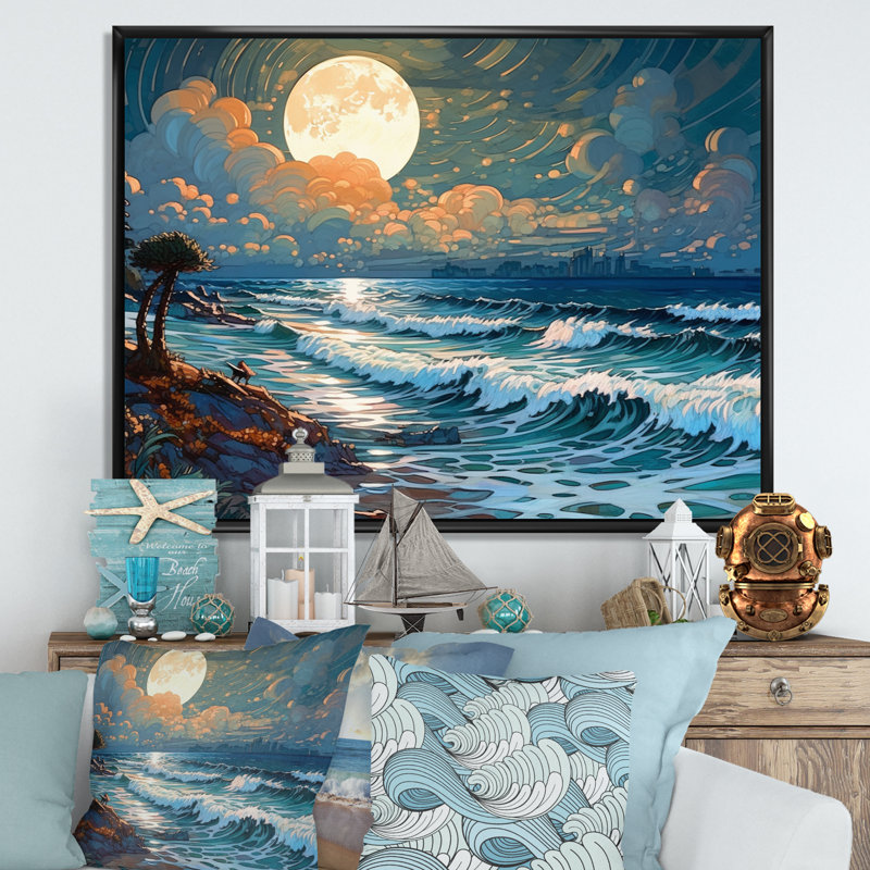 Golden Blue Majestic Waves II, reproduction d'art sur toile, H 12 po x l 20 po x P 1 po, Cadre flottant noir