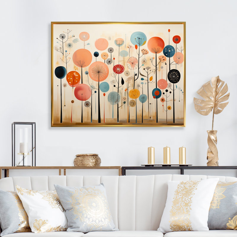 Fond d'écran coloré Mid Mid Century Whimsical - Art abstrait Mid-Century, Cadre flottant doré, H 16 po x l 32 po x P 1 po