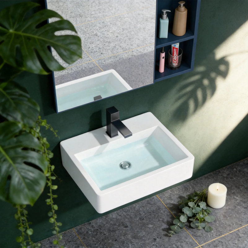 21" x 16" White Vitreous China Rectangular Wall Mount Bathroom Sink with Overflow and Single Faucet Hole, Floating Sink with 1.75" Drain and Top Shelf