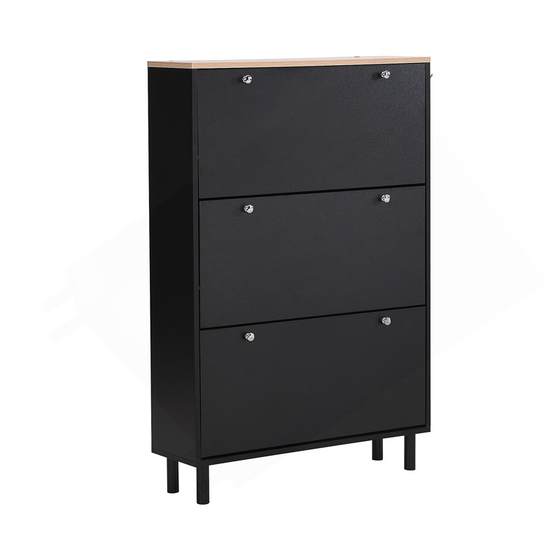 Narrow Design Shoe Cabinet With 3 Flip Drawers, Wood Grain Pattern Top Entryway Organizer With 3 Hooks, Free Standing Shoe Rack With Adjustable Panel For Hallway
