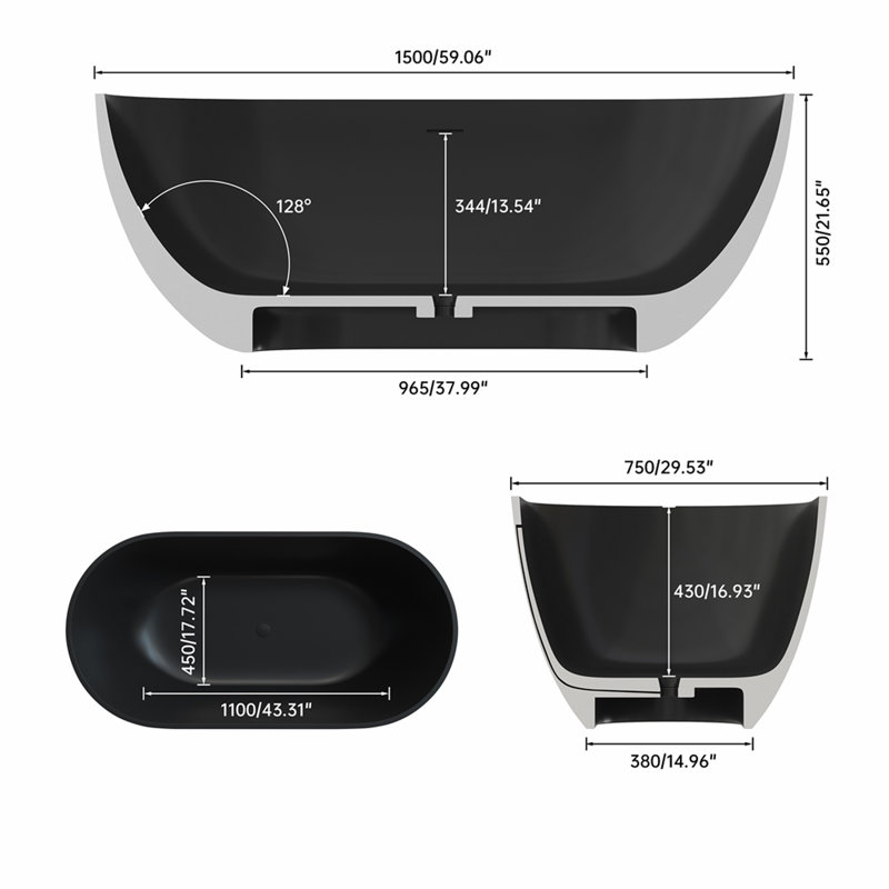 59 Inch Solid Surface Soaking Bathtub - Deep Soak Freestanding Tub