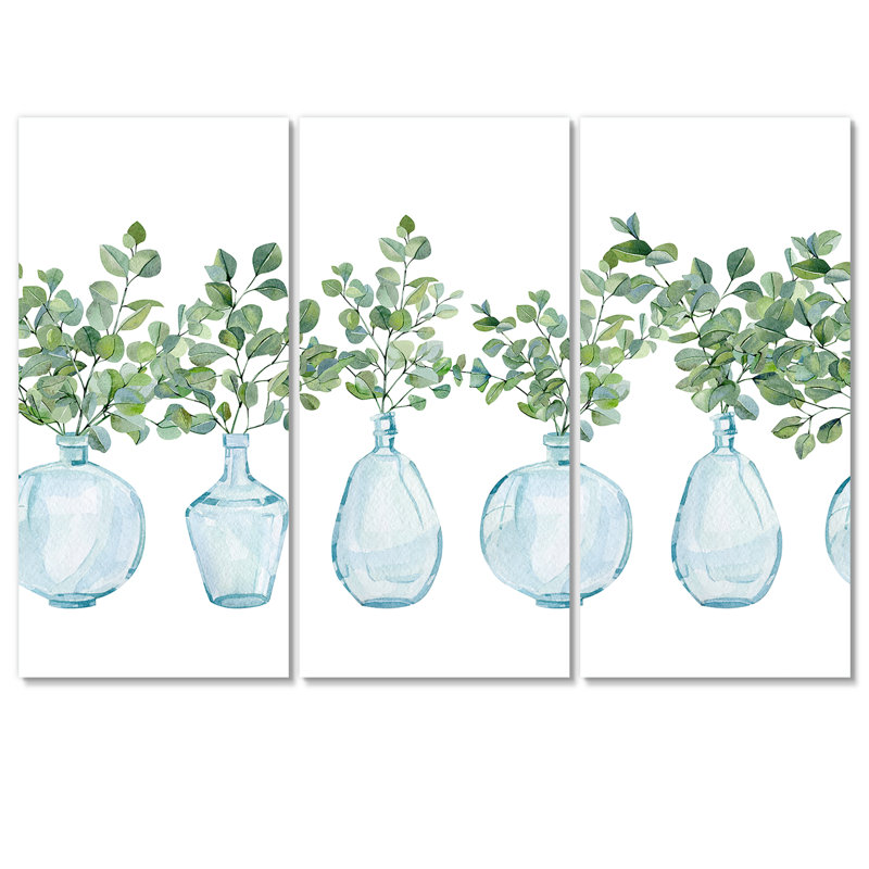 «House Plants In Glass Vase, Eucalyptus Branches II», reproduction d'art sur toile, H 32 po x l 48 po x P 1 po