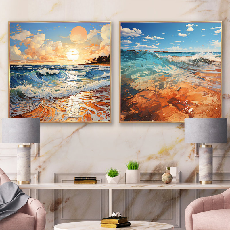 «Beach Photo Sunlit Coastline» 2 pièces, Encadrement doré, H 36 po x l 73 po