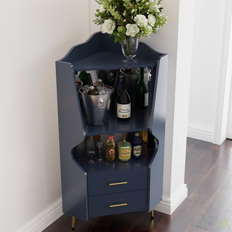 Wooden Corner Bar Cabinet With 2 Open Storage Shelves And 2 Drawers, Mirrored Back Sideboard Cabinet, High Feet/Legs For Easy Cleaning, Buffet Cabinet