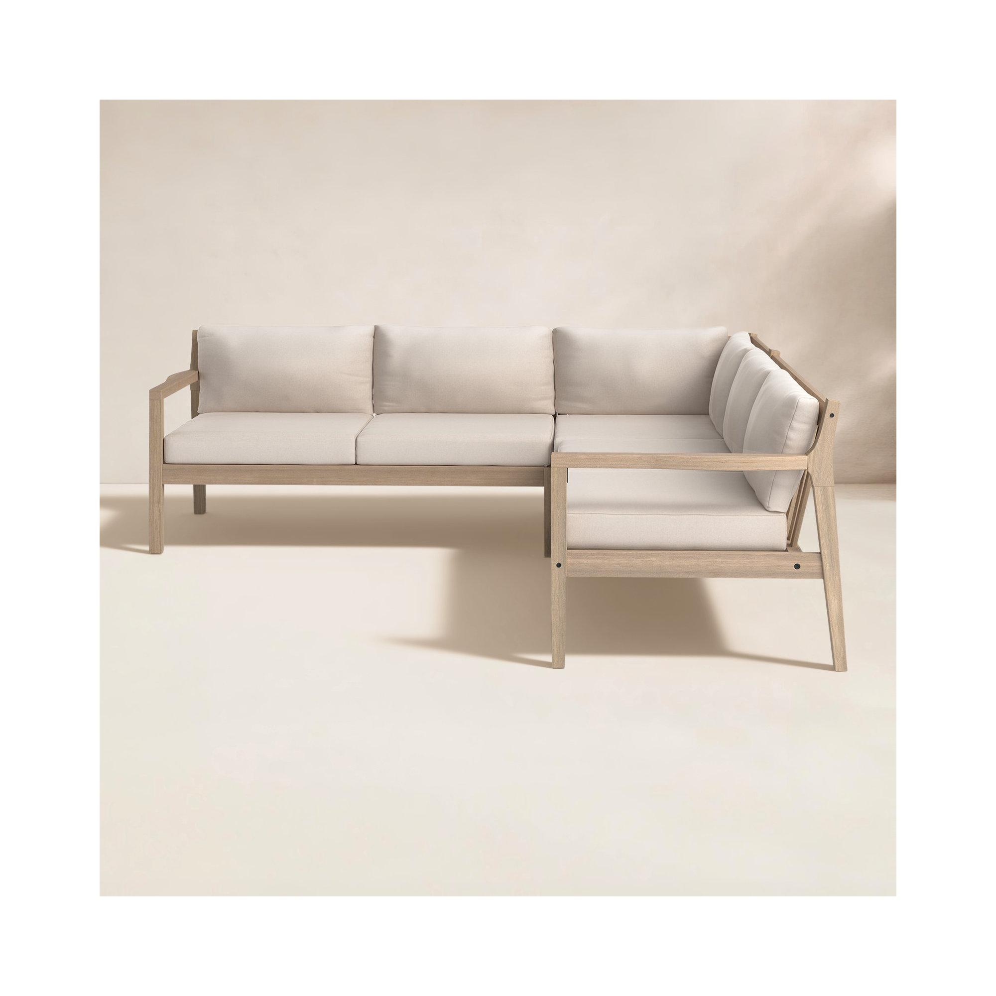 Amina Solid Acacia Wood L-Shaped Outdoor Sectional (3-Piece Set), Antique Beige Sunbrella® Canvas