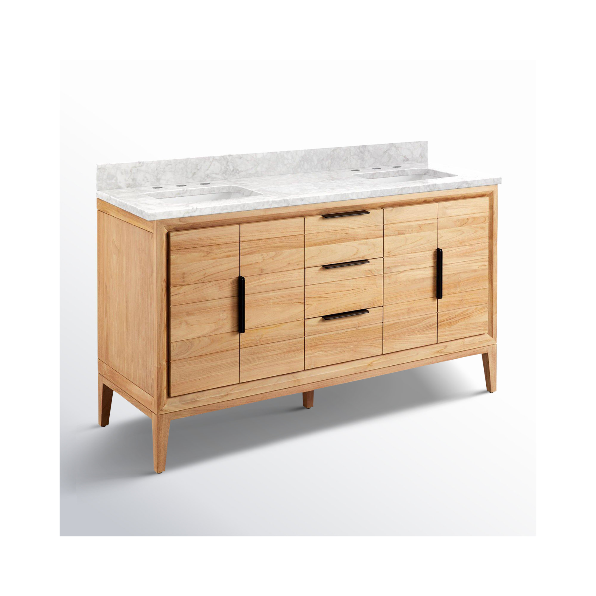 Aliso 60" Double Bathroom Vanity, Carrara Marble, Natural Teak, 8" Widespread