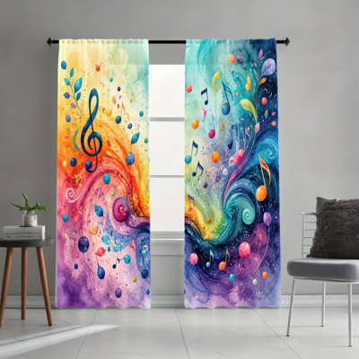 2PCS Vibrant Watercolor Splash Swirl Musical Note Light Filtering Rod Pocket Curtains, Artistic Melody Pattern Window Drapes, Easy Hang Rod Pocket Design, All Season Creative Decor for Living Room, Bedroom, Study, Music Style Window Treatments