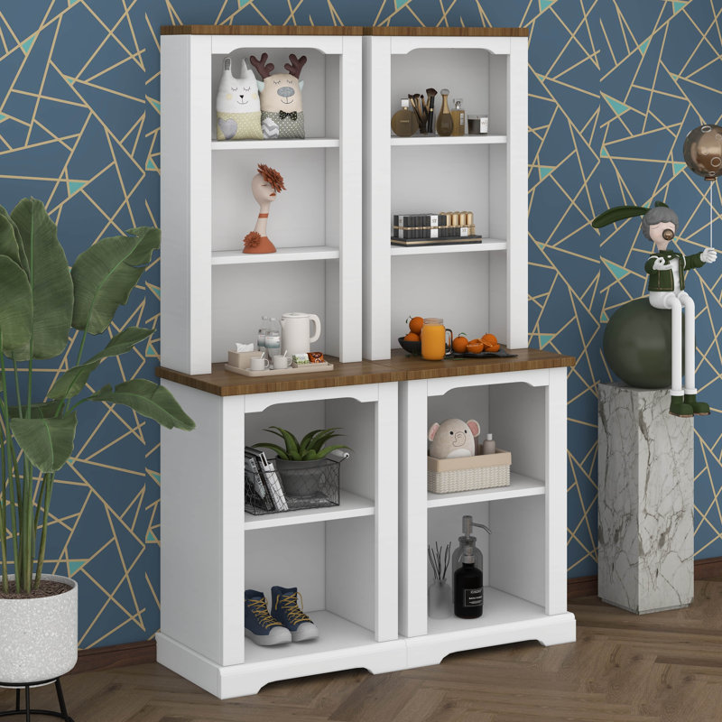 Grande bibliothèque incurvée deux pièces, armoire haute autoportante avec rangement entièrement ouvert, tablette de présentation élégante avec dispositif anti-basculement