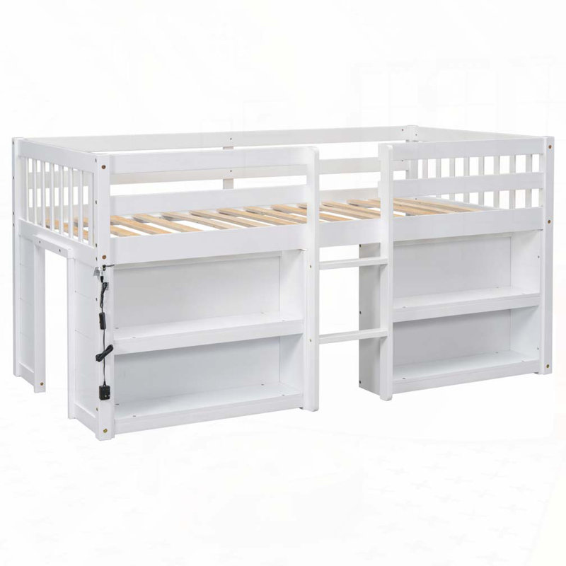 Lit de rangement avec tablettes à deux niveaux et lumière DEL, Blanc