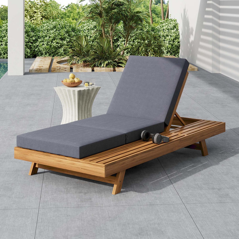 Acacia Wood Lounge Chaise Set With 4-Inch 3-Fold Water-Resistant Lounge Cushions, Space Available On One Side, Dark Gray