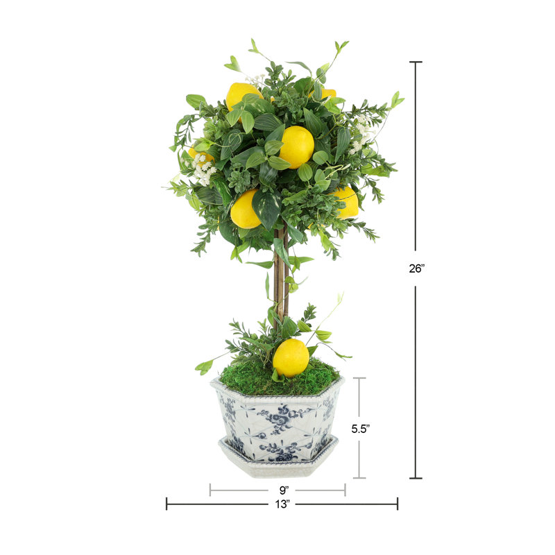Topiaire de citron artificiel dans un vase à piédestal décoratif