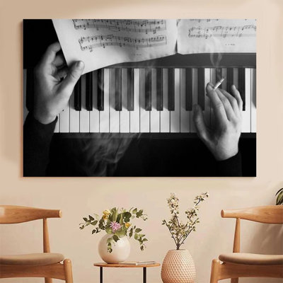 1Pc Framed Canvas Poster Print Black and White Piano Keys, Cigarette, and Musical Notes Wall Art Decor, Perfect for Room Decor Living Room Bedroom Office Kitchen Bathroom Home Decor, Ideal Home Wall Decoration Gift