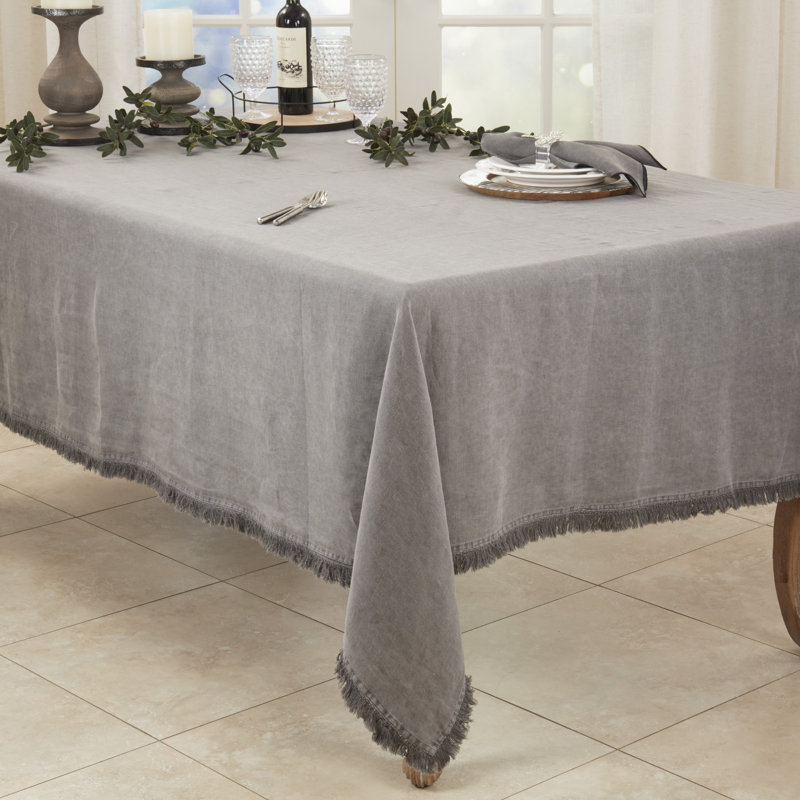 Stonewashed Linen Fringed Tablecloth, 59" W x 102" L, Gray