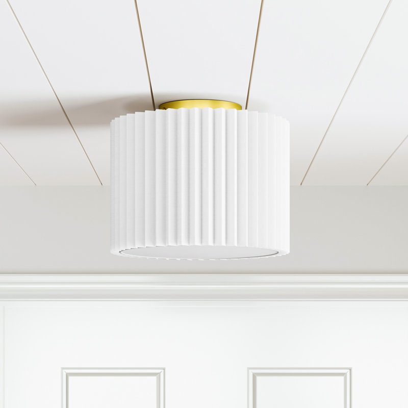 11" W 1-Light Brass Metal Flush Mount with Linen Drum Shade 