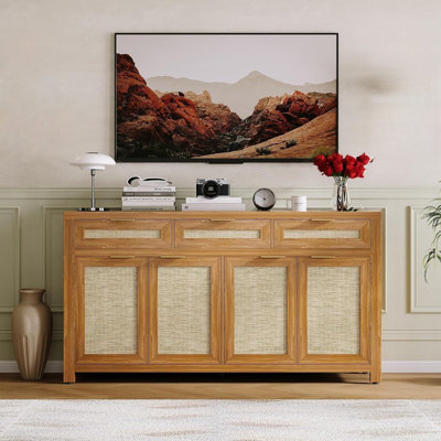 Buffet de rangement 63 po - Chêne foncé, 3 tiroirs, 4 portes et tablettes réglables Farmhouse