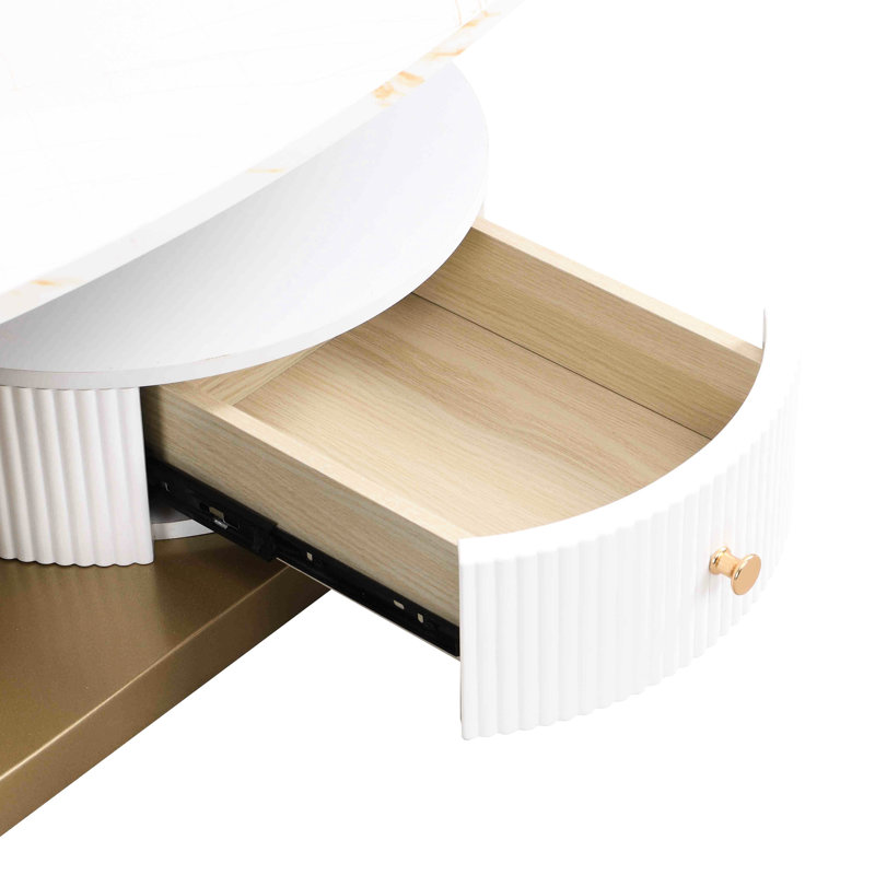 Table basse moderne moderne de 2 personnes - Tables ovales et rondes de salon avec support en métal, tiroir en faux marbre et plastique facile à assembler
