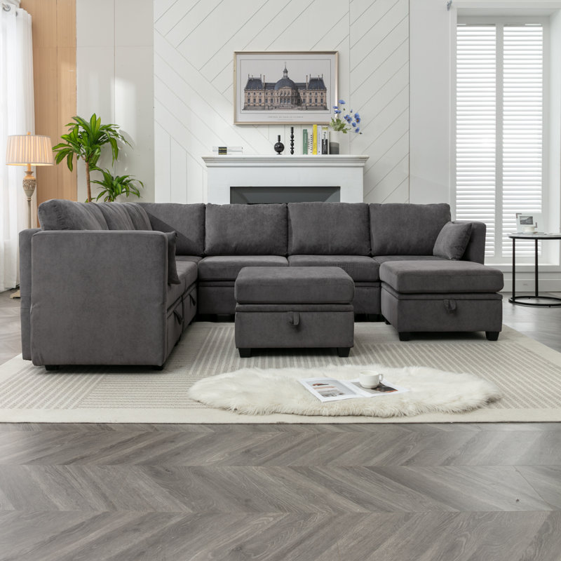 Calkins Upholstered Sofa Sectional, Dark Gray Polyester