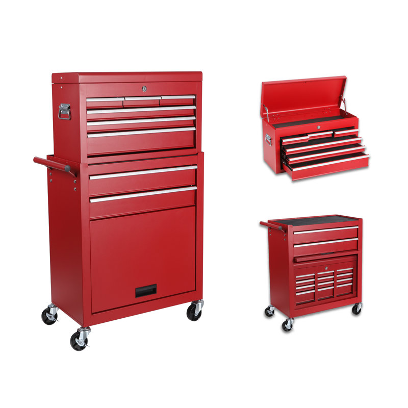 Armoire à outils roulante à 8 tiroirs avec coffre à outils amovible, roues verrouillables et crochets latéraux - Organisateur de rangement de garage en acier robuste rouge